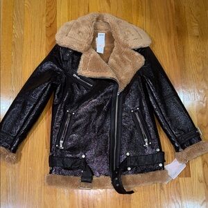 Avec Les Filles Shiny Dark Brown Moto Jacket with Tan Faux Shearling
